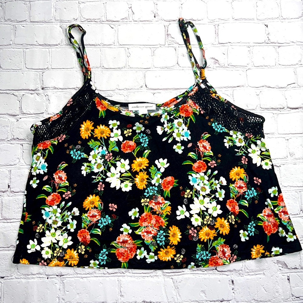 Black Floral Cropped Tank Top Size Large